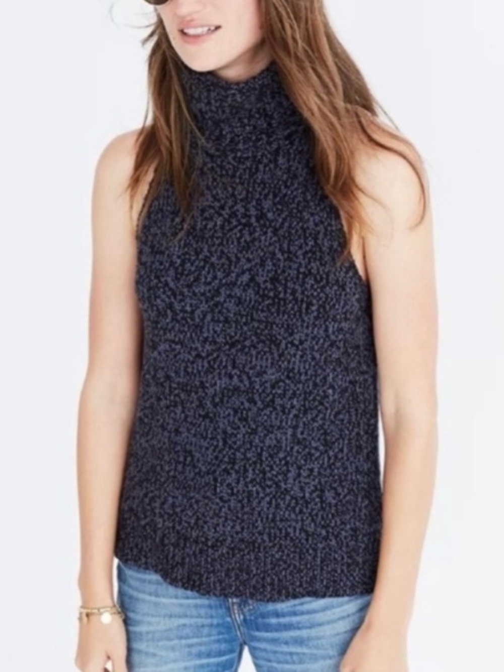 Madewell Marbled Navy/Black Sleeveless Turtleneck Sweater
